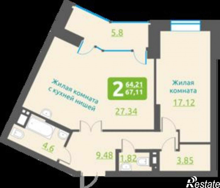 2-комн квартира в новом доме ул. Обская 2-я,154