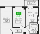 2-комн, 44кв м, этаж 16/16 Московская 118/1