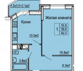 1-комн, 42кв м, этаж 13/18 Московская 125/1