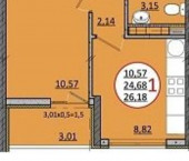 1-комн, 26кв м, этаж 10/24 Уральская 117