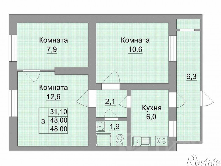 3-комн квартира Чкаловский, Казахская