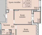 2-комн, 57.6кв м, этаж 2/4 Фермерская ул