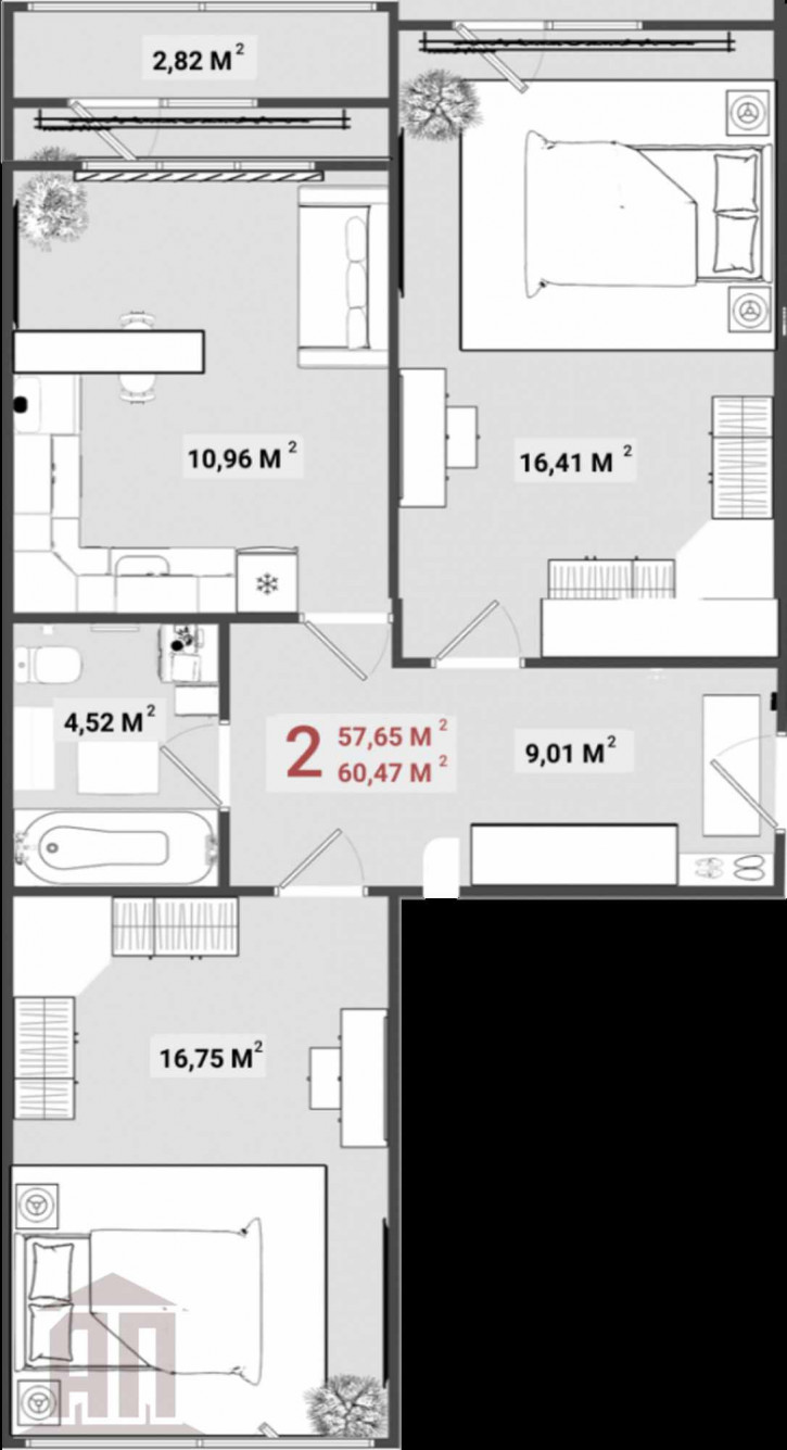 2-комн квартира в новом доме Гусева б-р, 59