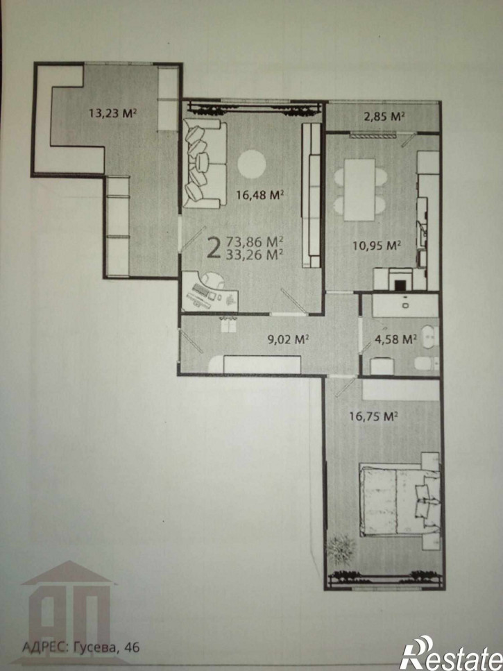 2-комн квартира в новом доме Гусева б-р, 46
