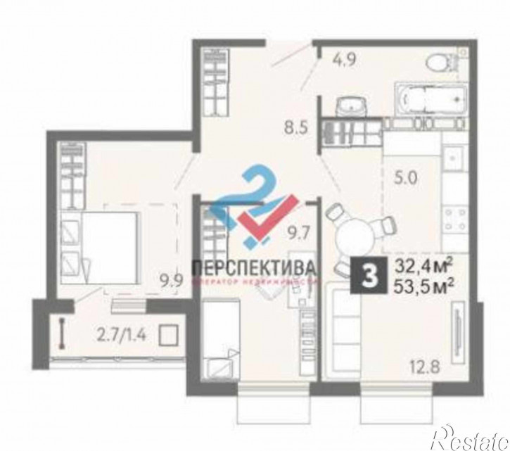 3-комн квартира в новом доме улица Ленина, с1