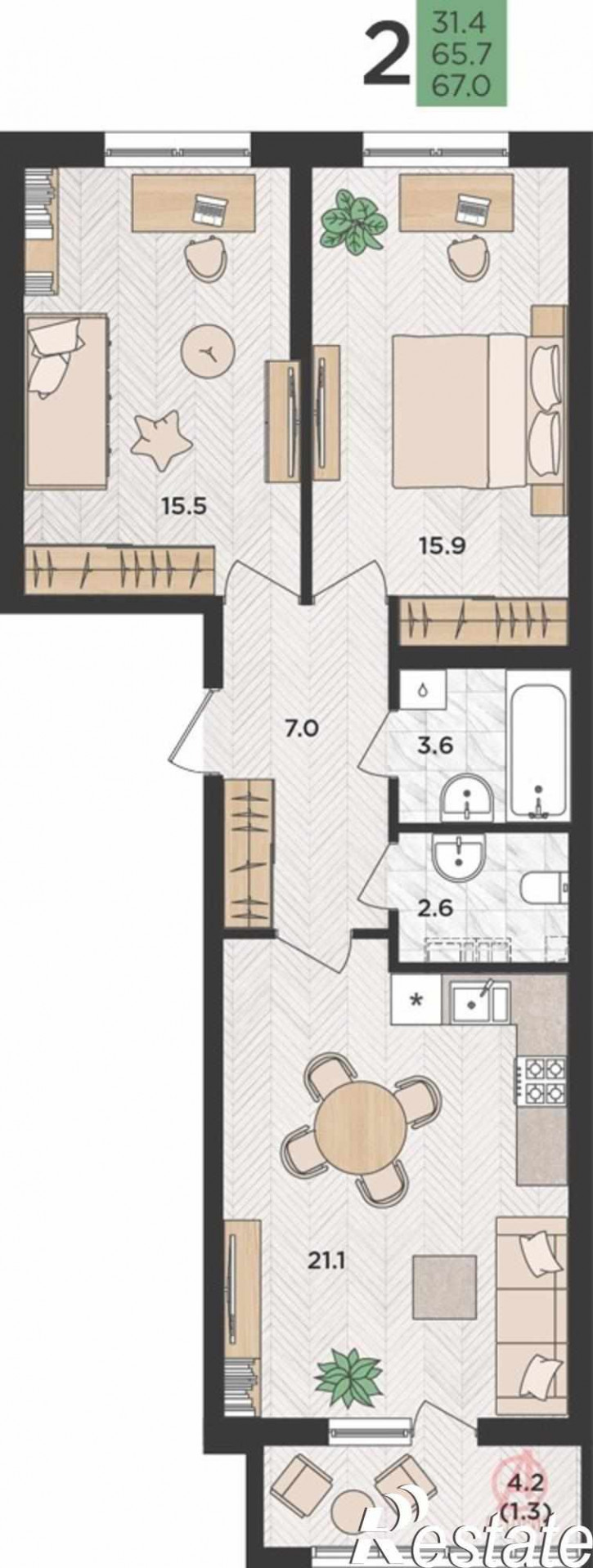 2-комн квартира в новом доме Красина улица, 1