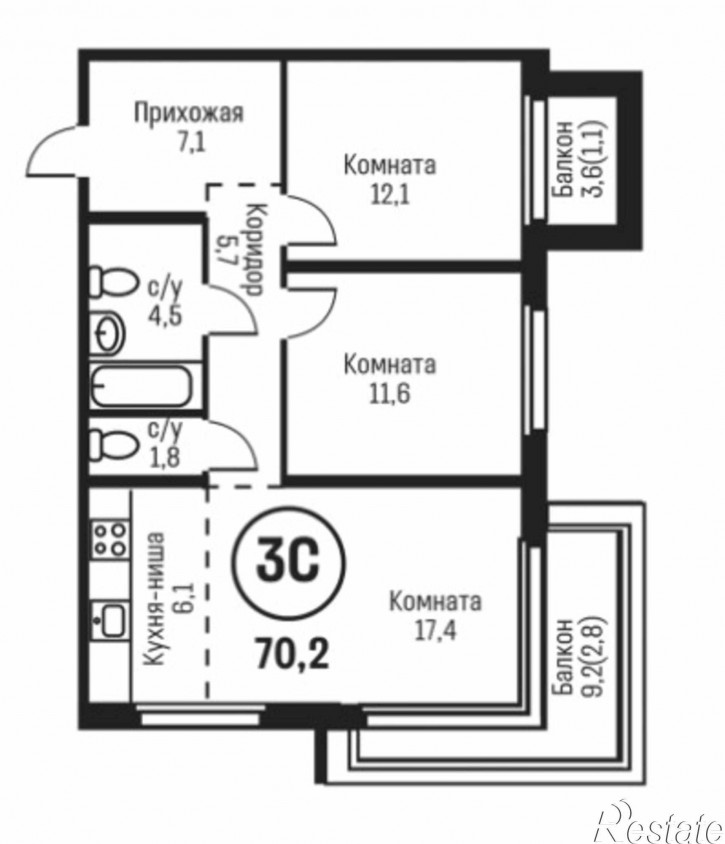3-комн квартира в новом доме ул. Сергея Семенова, 27