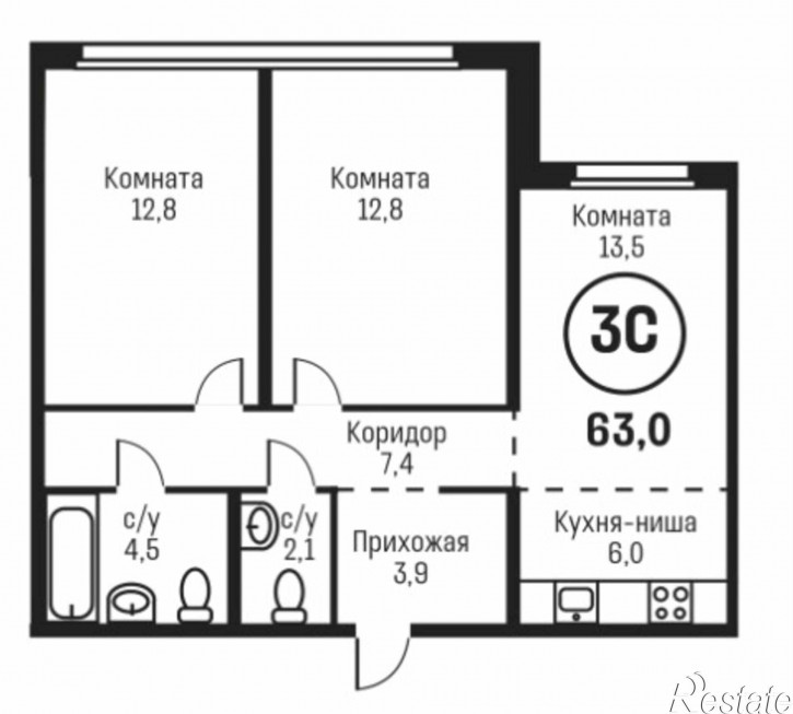 3-комн квартира в новом доме ул. Сергея Семенова, 27