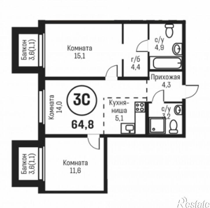 3-комн квартира в новом доме ул. Сергея Семенова, 27