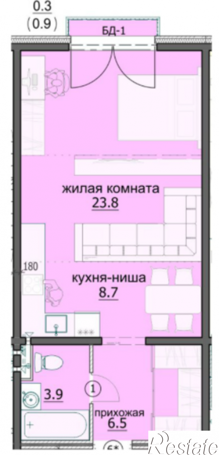 1-комн квартира в новом доме улица Побочинская, 11