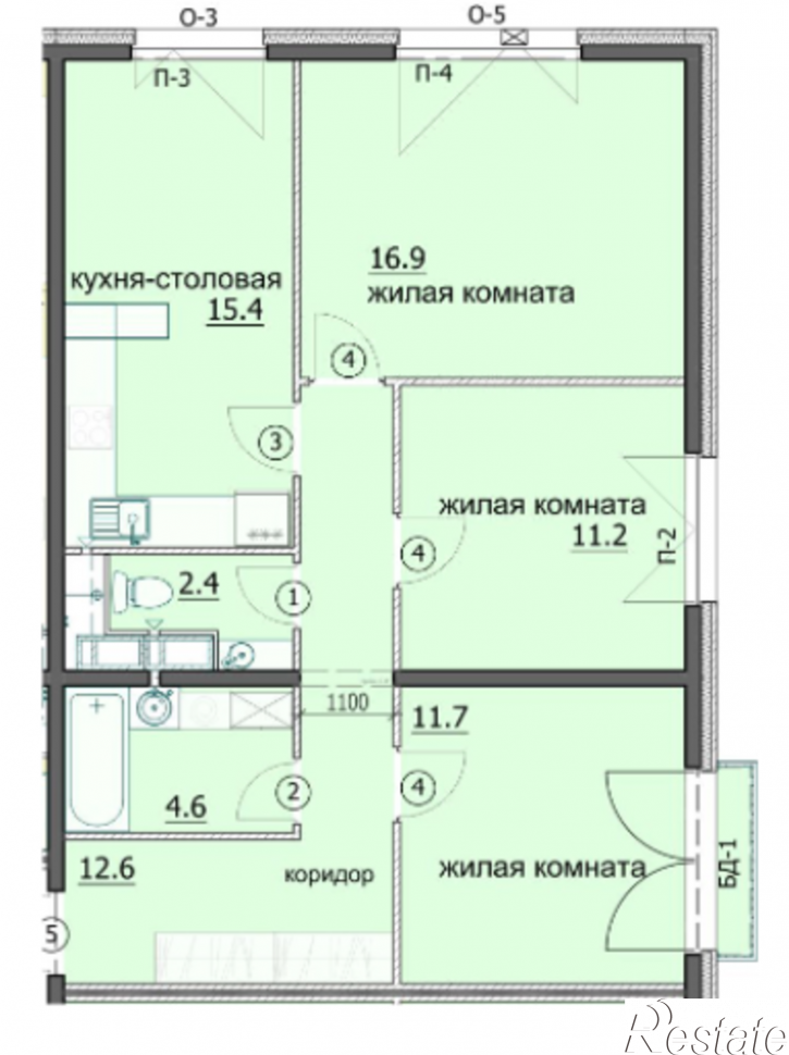 3-комн квартира в новом доме улица Побочинская, 11