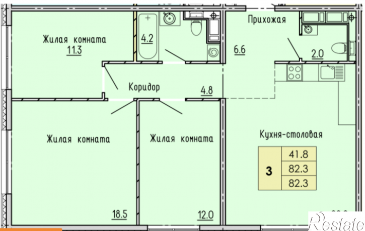 3-комн квартира в новом доме улица Побочинская, 19, к.стр