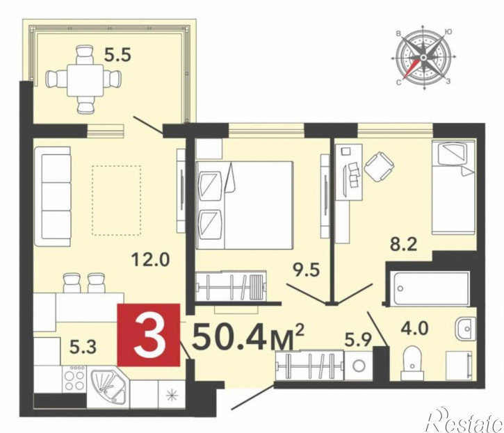 3-комн квартира в новом доме улица Светлая, 70