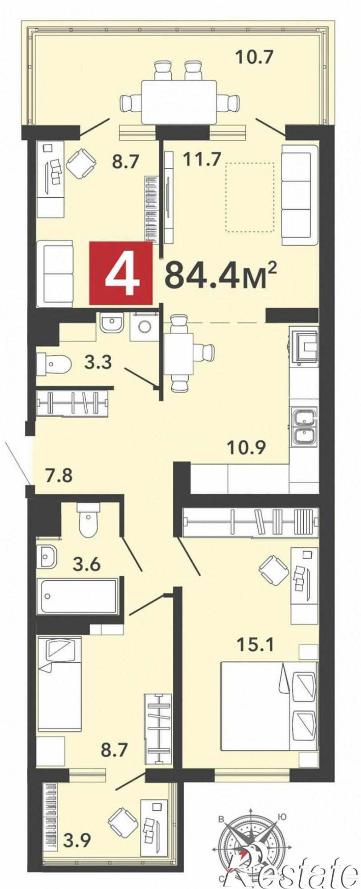 4-комн квартира в новом доме улица Светлая, 70