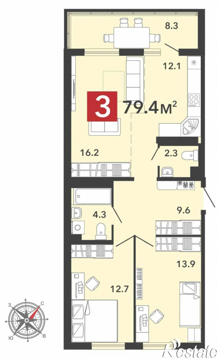 3-комн квартира в новом доме улица Светлая, 70