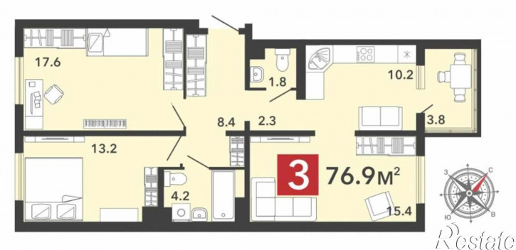 3-комн квартира в новом доме улица Светлая, 70