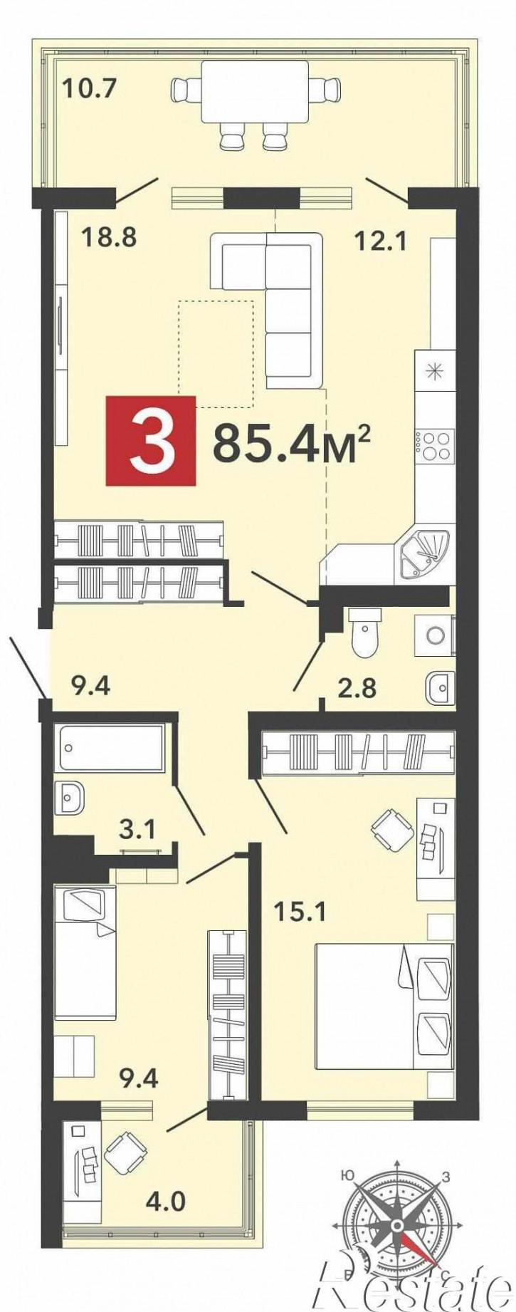 3-комн квартира в новом доме улица Светлая, 70