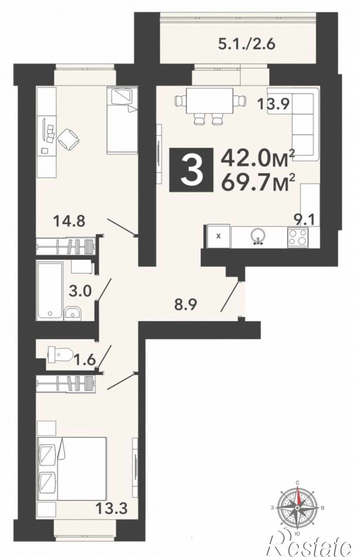 3-комн квартира в новом доме ул. Шмидта, стр. 2-2