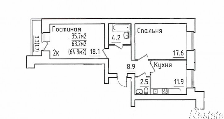 2-комн квартира в новом доме Гагарина улица, 80ак2