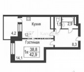 1-комн, 42.1кв м, этаж 8/18 улица 50 лет Октября, 75к1