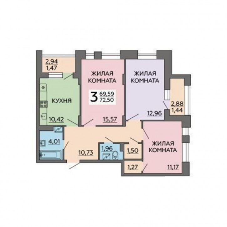 3-комн квартира в новом доме улица Славы, 9