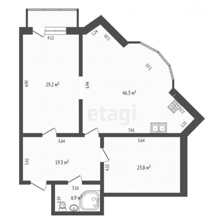 2-комн квартира Герцена, 55