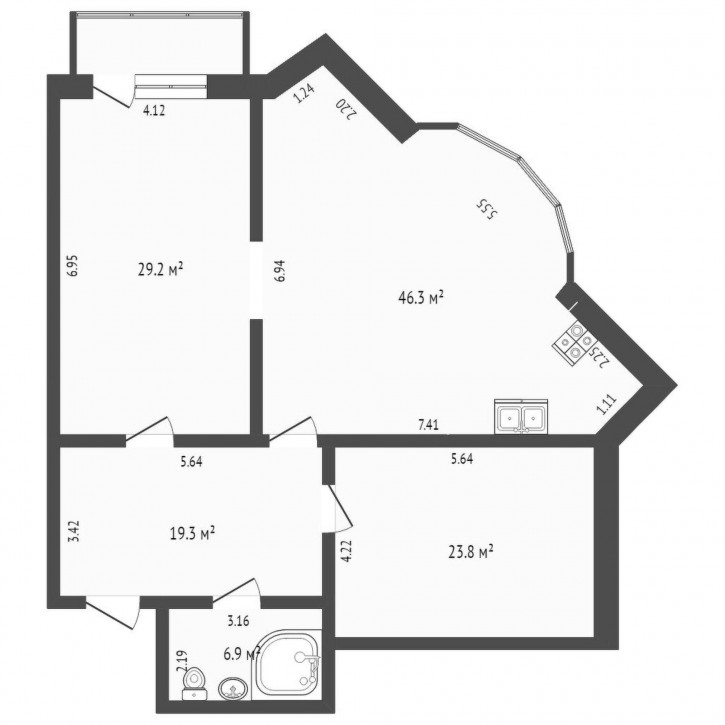 2-комн квартира Герцена, 55