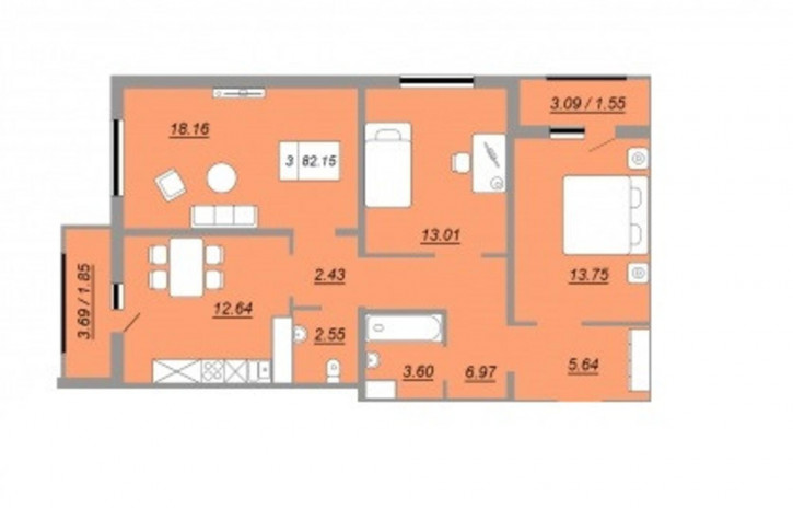 3-комн квартира улица Юркина, 8