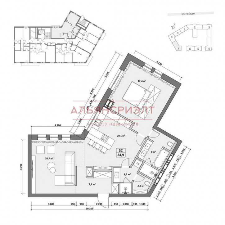 3-комн квартира ул. Победы,55/1