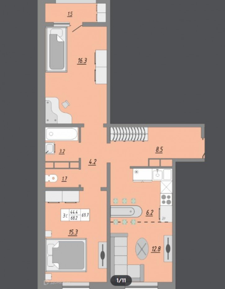 3-комн квартира улица Юркина, 8