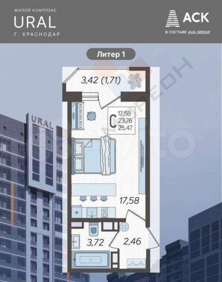 1-комн квартира в новом доме Уральская ул, 87/7