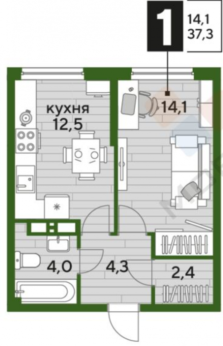 1-комн квартира в новом доме Азовская ул, 6