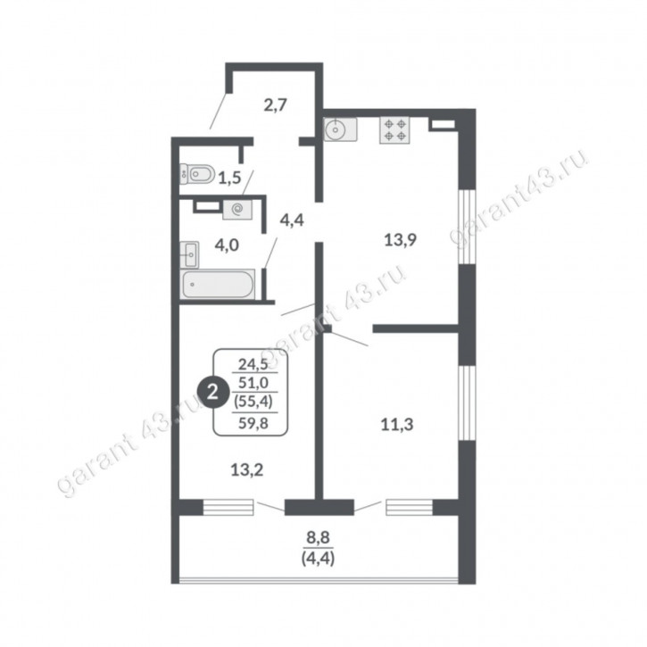 2-комн квартира улица Крупской, 12