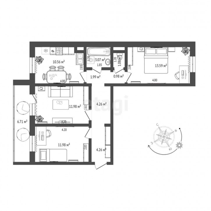 3-комн квартира Алматинская, 12