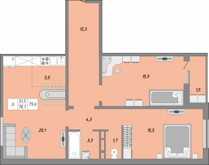3-комн квартира улица Юркина, 10