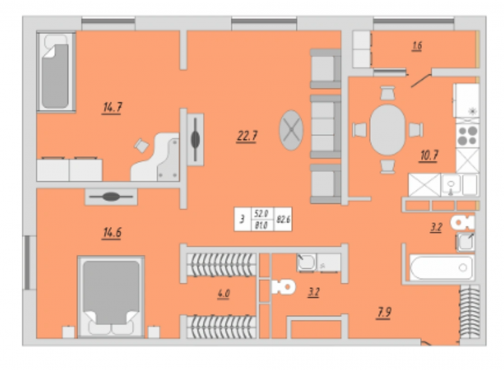 3-комн квартира улица Юркина, 8