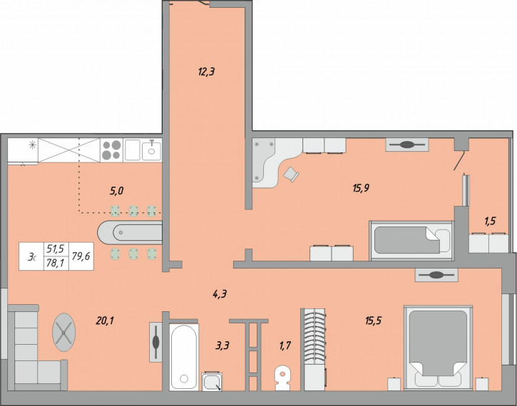 3-комн квартира улица Юркина, 8