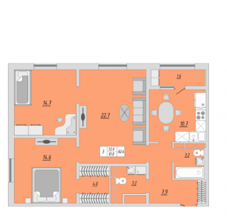 3-комн квартира улица Юркина, 8