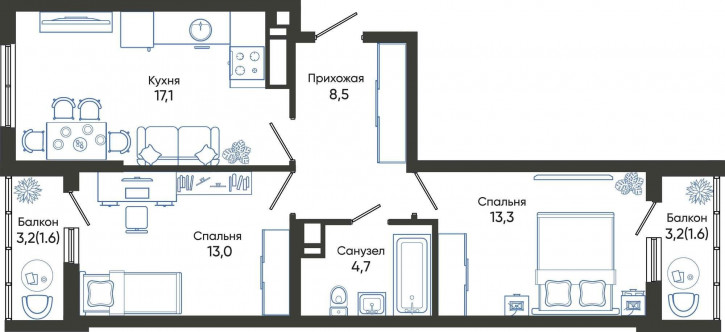 2-комн квартира в новом доме Россия, Краснодарский край, Новороссийск, улица Куникова, 55к1