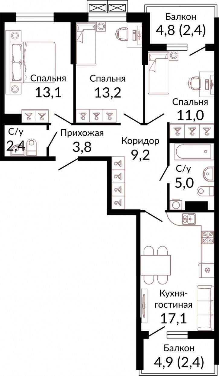3-комн квартира в новом доме Россия, Краснодар, шоссе Ближний Западный Обход, 2к3
