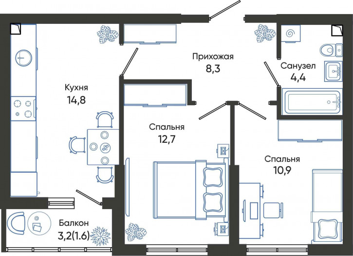 2-комн квартира в новом доме Россия, Краснодарский край, Новороссийск, улица Куникова, 55к1