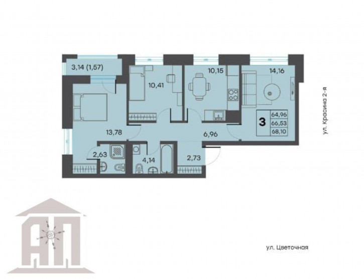 3-комн квартира в новом доме Красина 2-я ул, 64