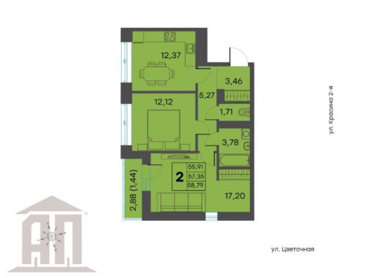 2-комн квартира в новом доме Красина 2-я ул, 64