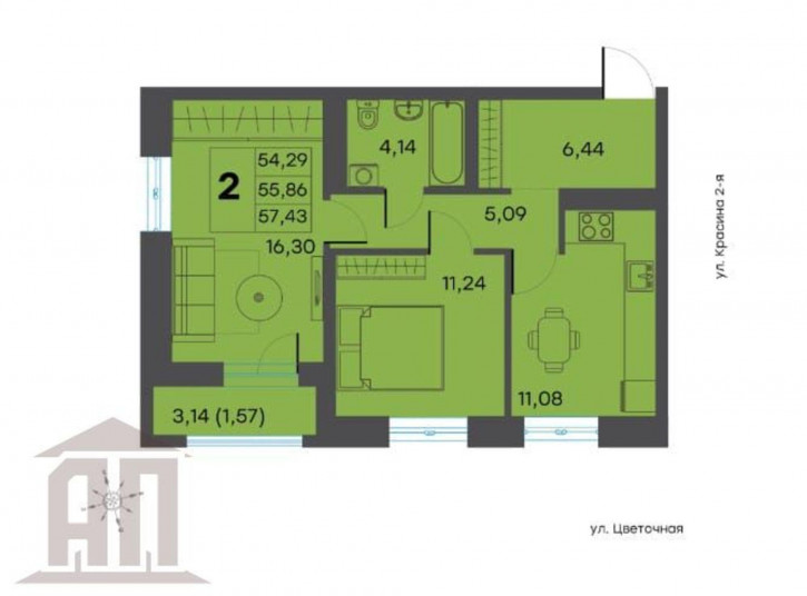 2-комн квартира в новом доме Красина 2-я ул, 64