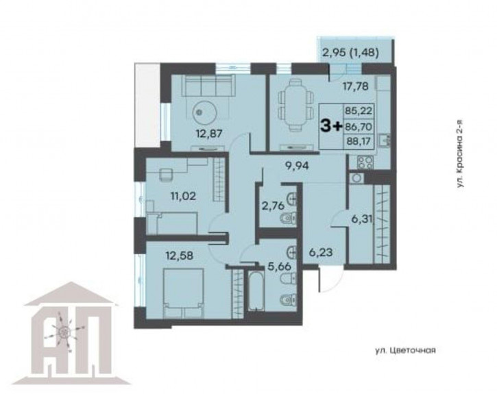 3-комн квартира в новом доме Красина 2-я ул, 64