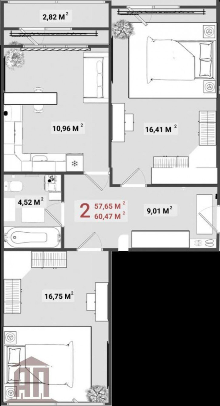 2-комн квартира в новом доме Гусева б-р, 59