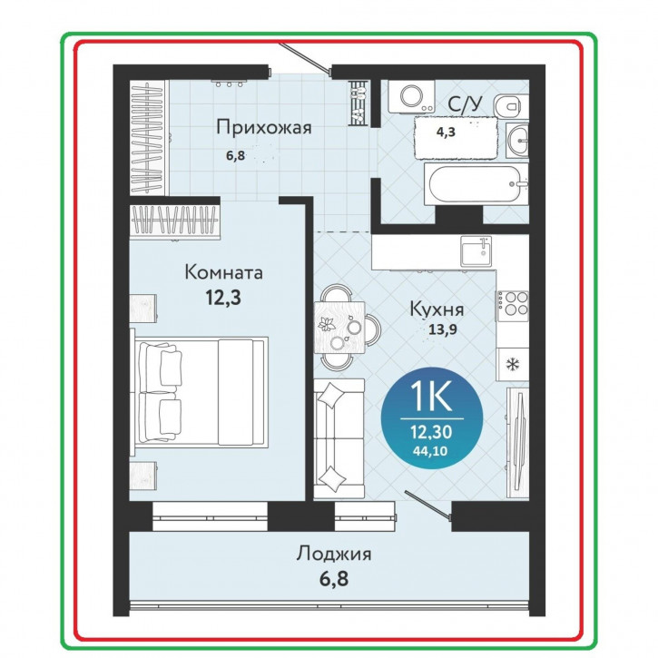 1-комн квартира в новом доме ул Бронная, 22/1