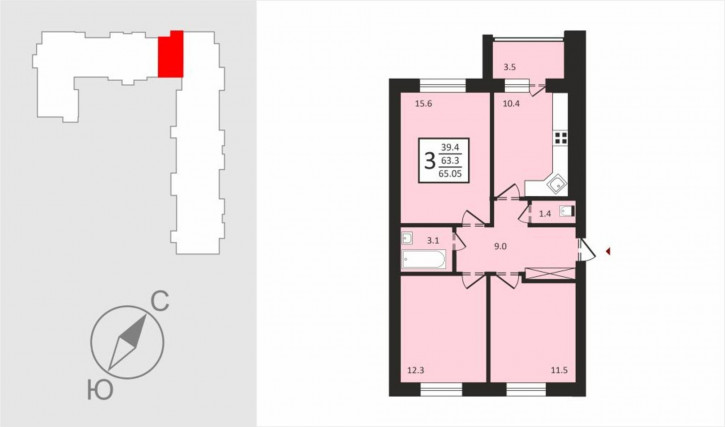 3-комн квартира в новом доме Новгородская ул, 35.2