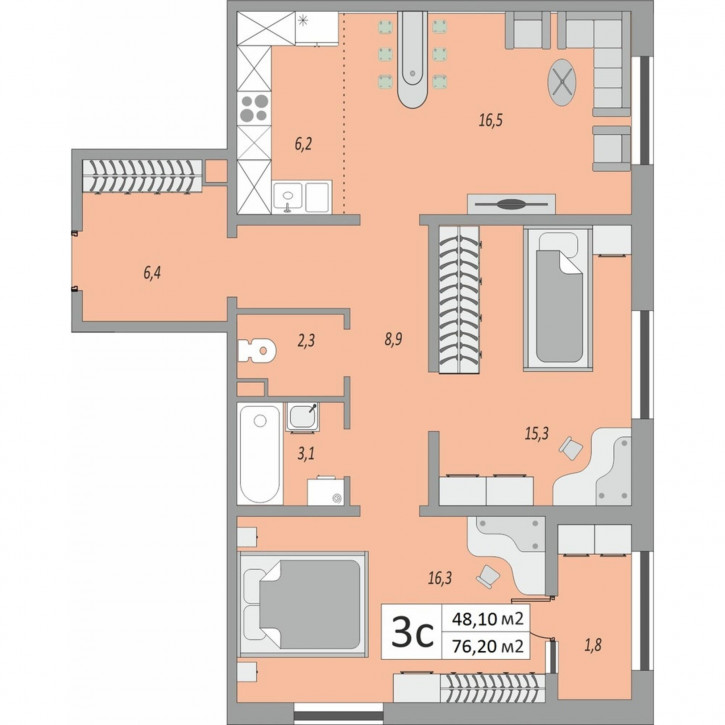 3-комн квартира в новом доме улица Юркина, 8