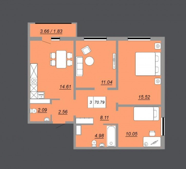 3-комн квартира улица Юркина, 8